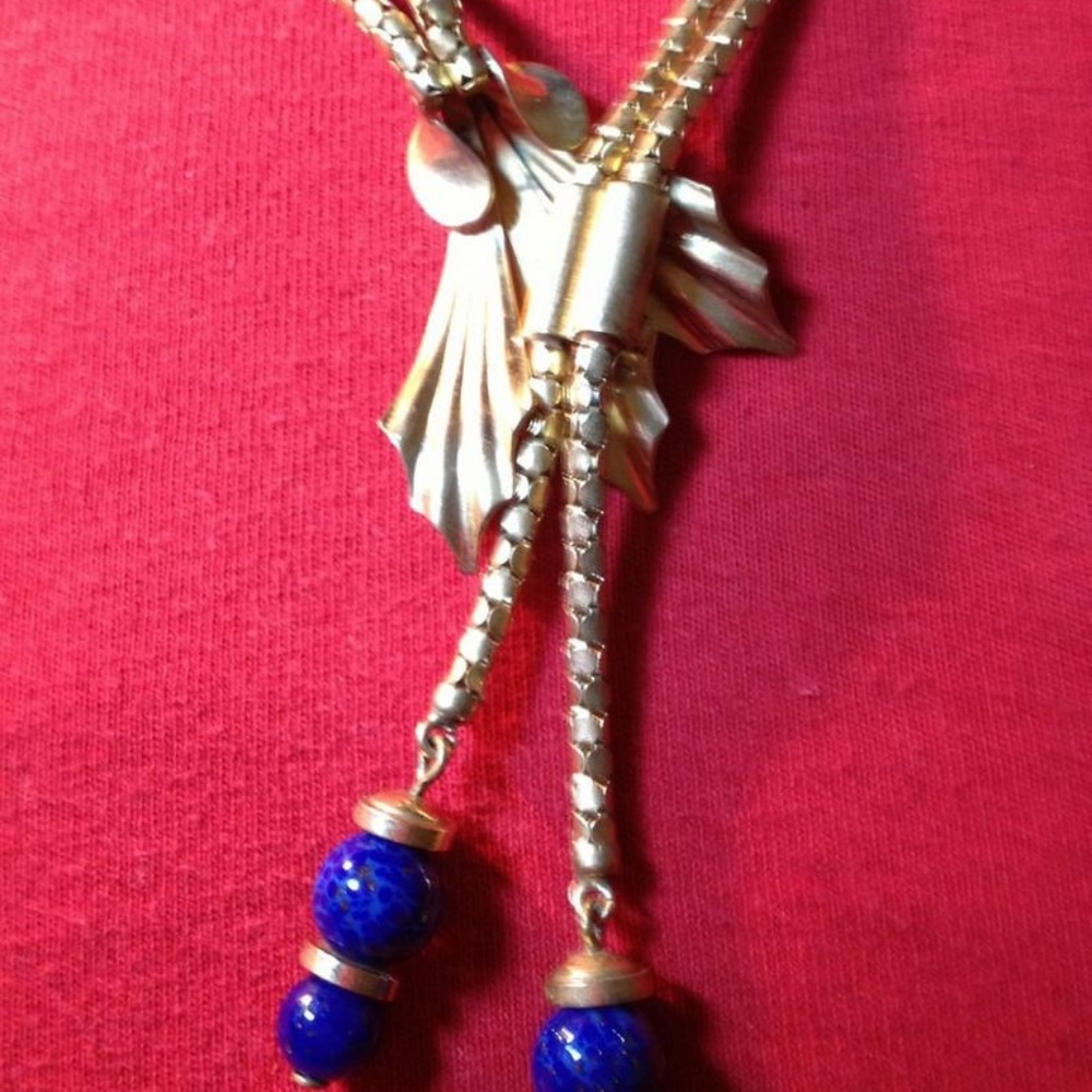 12" Gold Plated Charm & Pendant Blue Glass Beads